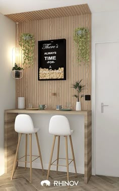 two white stools in front of a bar with a chalkboard on the wall