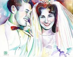 a watercolor painting of a bride and groom smiling at each other with stars in the background