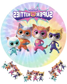 the littlest pet shop super kitties are in front of a tie dye background