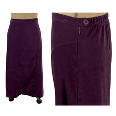 Vintage 1990's dark purple plus size maxi skirt. Soft Ultrasuede long winter skirt with partial elastic waist and side zipper. Unlined, non sheer soft brushed polyester that can be styled in so many ways.      MEASUREMENTS: Waist - 34 inches up to 38 inches Hips - 48 inches Length - 36 inches Modern size:  Size 16 Label marked size: XL Condition: Near new - No issues Fabric: 97% polyester, 3% spandex  Fiber care: Machine wash, tumble dry ♥ Thank you for visiting Magpie & Otis! I recommend compar 1990s Clothes, A Line Long Skirt, Purple Maxi Skirt, Maxi Skirt Plus Size, Long Skirt Winter, Casual Maxi Skirt, Long Tiered Skirt, White Boho Tops, Long Skirt Casual