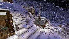 an image of a snowy village in minecraft with snow falling from the roof and trees