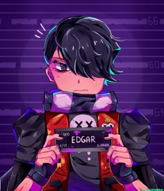 an anime character holding up a sign that says edgarr on the front and back