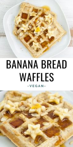 banana bread waffles on a white plate with the words vegan written below