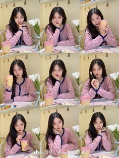 several pictures of a woman sitting at a table with food and drinks in front of her