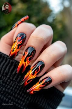 Red And Orange Flame Nails, Orange Flames Nails, Acrylic Nails Fire Design, Nail Designs With Flames, Fire Flame Nail Design, Flame Art Nails, Red Fire Nails Designs, Black Fire Nails Designs, Fire Inspired Nails