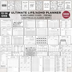 the ultimate printable planner for kids and adults is shown in black and white, with text