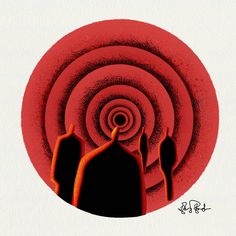 a red and black painting with an orange spiral in the center