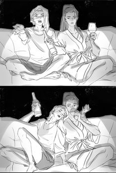 two black and white illustrations of people in bed drinking beer, one with a woman on her lap