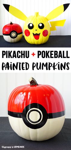 two pumpkins decorated with pokemon pikachu and pokeball painted pumpkins