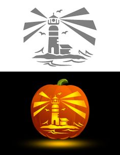 an orange pumpkin with a lighthouse on it