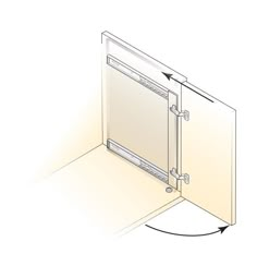 an open glass door on the side of a white wall with arrows pointing to it