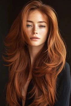 Red-haired woman with long, flowing hair and freckles, looking at the camera. Pelo Chocolate, Rambut Brunette, Hairstyle Curly, Copper Blonde, Copper Hair Color, Styling Guide, Long Hair Color