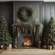 christmas trees and decorations in front of a fireplace