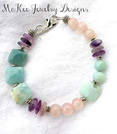 Pastels. Purple, pink and blue stone with silver metal bracelet. Beads Bracelet Design, Metal Bracelet, Beaded Bracelets Diy, Beaded Jewelry Diy, Gemstone Bracelets, Boho Bracelets, Jewelry Projects, Jewelry Tutorials