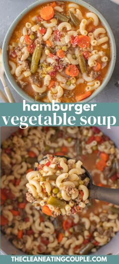 hamburger vegetable soup in a bowl with a ladle full of it and the title overlay reads, hamburger vegetable soup