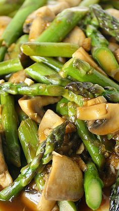 asparagus, mushrooms and other vegetables are mixed together