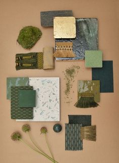 various materials are arranged on a beige surface