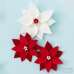 Fall in love with the look of festive red and white poinsettias popping against your dark evergreen Christmas tree. Bonus: Make the ornaments without hanging loops to use as Christmas present decorations. Diy Felt Poinsettia, Felt Poinsettia, Printable Christmas Ornaments, Tovad Ull, Diy Felt Christmas Tree, Easy Christmas Ornaments, Senior Activities, Easy Christmas Decorations