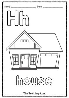 the letter h is for house coloring page with an image of a house on it