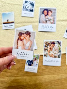 a person holding up a card with photos on it and the words, bride and groom