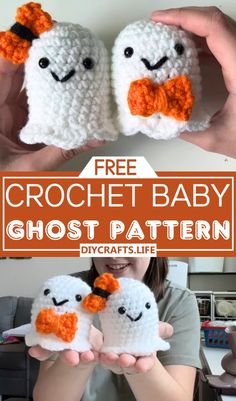 two crocheted ghost baby shoes with text overlay that reads free crochet baby ghost pattern