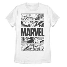 Channel your inner superhero with this juniors' Marvel tee. Channel your inner superhero with this juniors' Marvel tee. Crewneck Short sleevesFABRIC & CARE Cotton Machine wash Imported Size: Medium. Color: White. Gender: female. Age Group: kids. Material: Cotton / Poly. Superhero Tshirt, Comic Graphic, Graphic Panels, Superhero Fashion, Superhero Shirt, Marvel Shirt, Marvel Tshirt, Black And White Shirt, Superhero Comic