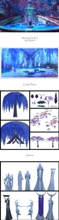 the concept art for an animated movie is shown in blue and purple tones, with trees on