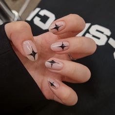 black sparkle nails, star nails, black cross nails Black Stars Nail Art, Four Point Star Nails, 4 Point Star Nails, Star Sticker Nails, Black And Gold Star Nails, How To Paint Stars On Nails, Nails Black Lines, Cross Nails Design