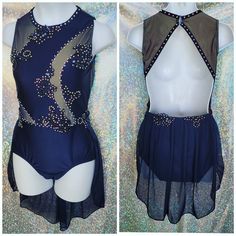 two pictures of a woman's leotard and dress