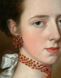 a painting of a woman wearing red and gold jewelry