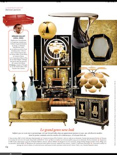 an article in the magazine features gold and black furniture