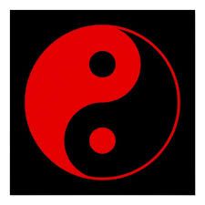 a red and black yin symbol on a black background