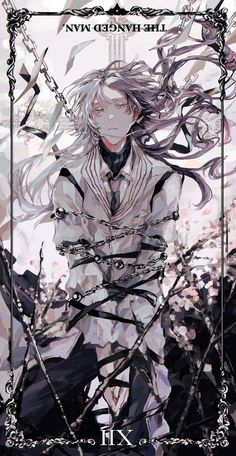 an anime character with long white hair and black eyes, standing in front of the camera