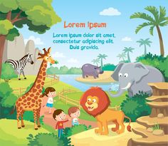 children and animals in the jungle with an elephant, giraffe, zebra, lion