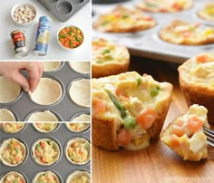 there are several pictures of food being made in muffin tins and on the table