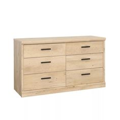 a wooden dresser with black handles and drawers