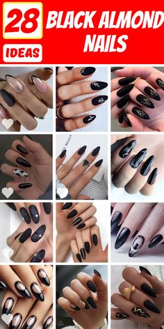 Embrace the elegance of black almond nails with our curated list of top designs for 2024. Find the perfect balance between high gloss and matte finishes, and experiment with French tips, diamonds, and ombre effects. Suitable for gel, dip, and acrylic nails, these ideas promise a fresh take on classic elegance. Black Tie Almond Nails, Black With White Design Nails, Fancy Almond Nails Black, Almond Shaped Black Nails Designs, Black Gel X Nails Almond, Black Nail Tips Almond, Extra Short Almond Nails Designs, Black And White Almond Nails Design