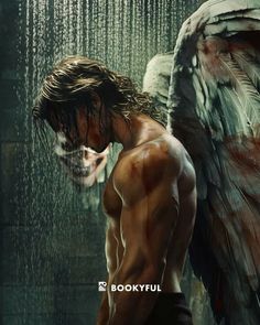 a shirtless man standing in the rain with an angel wings on his chest and back