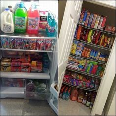 an open refrigerator with drinks and snacks on the shelves next to another fridge filled with food