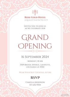 the grand opening card for rose gold hotel