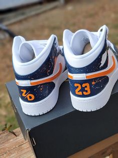 Blue And Orange Jordans, Chicago Jordan 1, Blue Shoes Men, Orange Jordan, Broncos Colors, Elegant Footwear, Custom Jordan, Cute Shoe, Clarks Wallabees