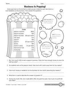 the business is popping worksheet for students to learn how to make money and use it