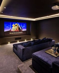 a home theater with two couches and a large screen