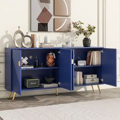 a blue cabinet with books and other items on it