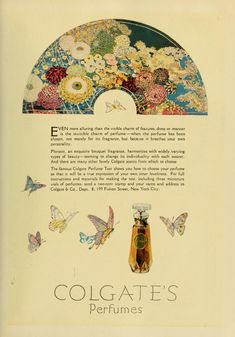 an advertisement for colgate's perfumes featuring butterflies and flowers