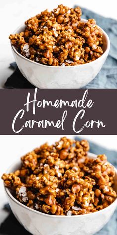 homemade caramel cornflakes in a white bowl on a blue towel with text overlay