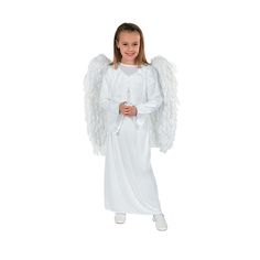 This angel's gotten her wings and is ready to fly! Dress her in this pure white guardian angel costume for her school performance or holiday party! The bright glow of her hand-held candle perfectly matches her shining spirit! Add your own twinkling halo to complete the look. Discover even more Christmas costumes on our website! Candle requires 1 "AA" battery, not included. Imported. Fits child size small/medium 4-8. Includes: Polyester Gown  27" Marabou Feather Wings With Elastic Straps 6 1/2" P Kids Angel Costume, Candle Costume, Angel Costume Diy, Christian Christmas Decorations, Nativity Costumes, Christmas Pageant, White Angel Wings, Holiday Photoshoot, Unique Christmas Cards