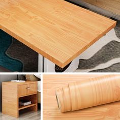 three different views of a wooden desk with drawers and a roll of paper on the floor