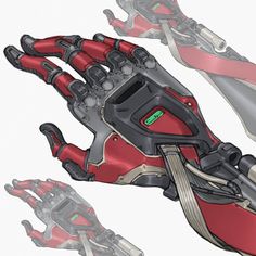 an image of a robotic hand holding something red and silver with two hands on each side