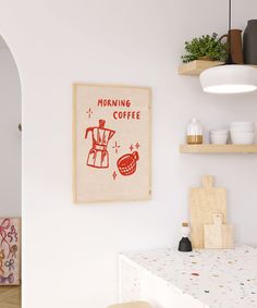 there is a coffee sign hanging on the wall in this dining room with white walls and wooden shelves